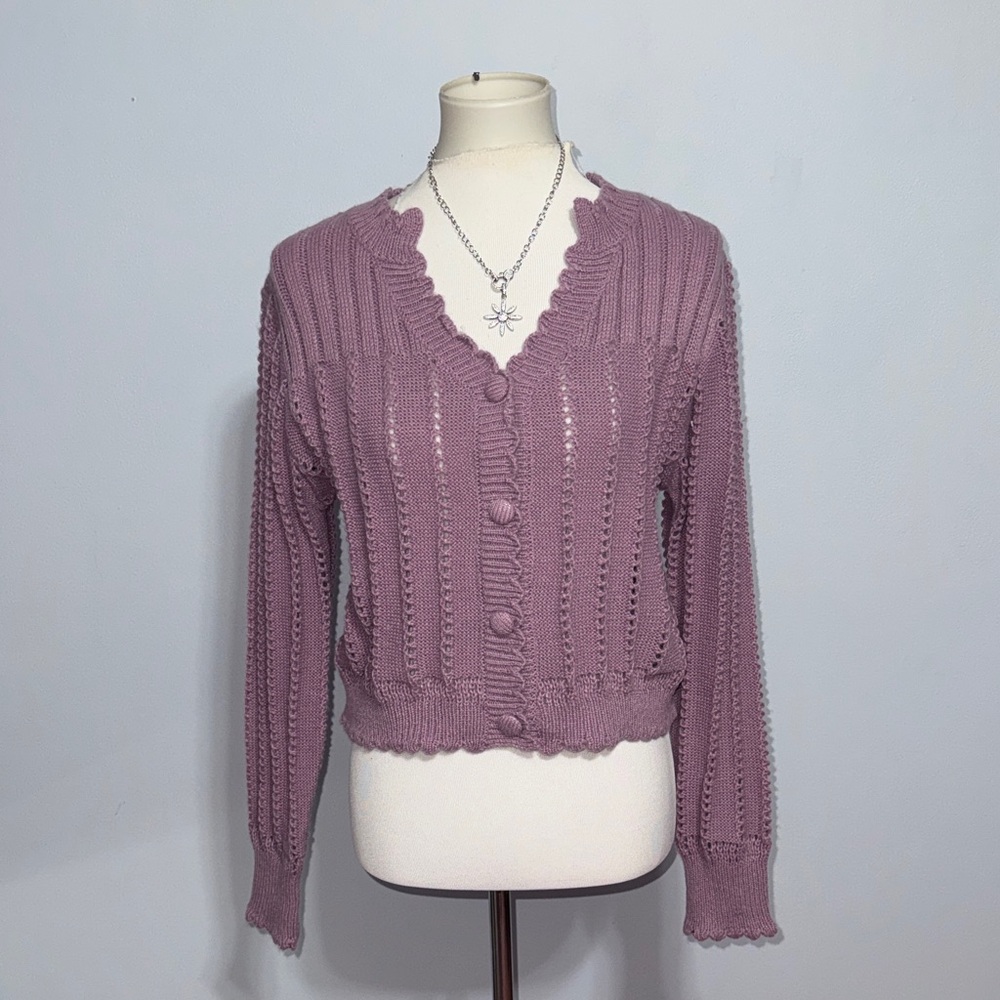 Listicle Dusty Mauve Scalloped V-Neck Knit Cardigan